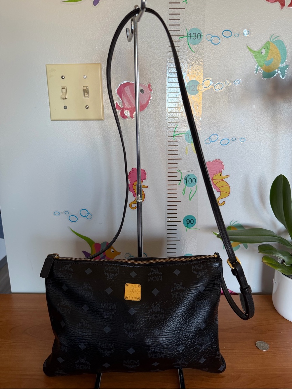 Authentic MCM Black Logo-Print Crossbody Bag with Gold Accent
